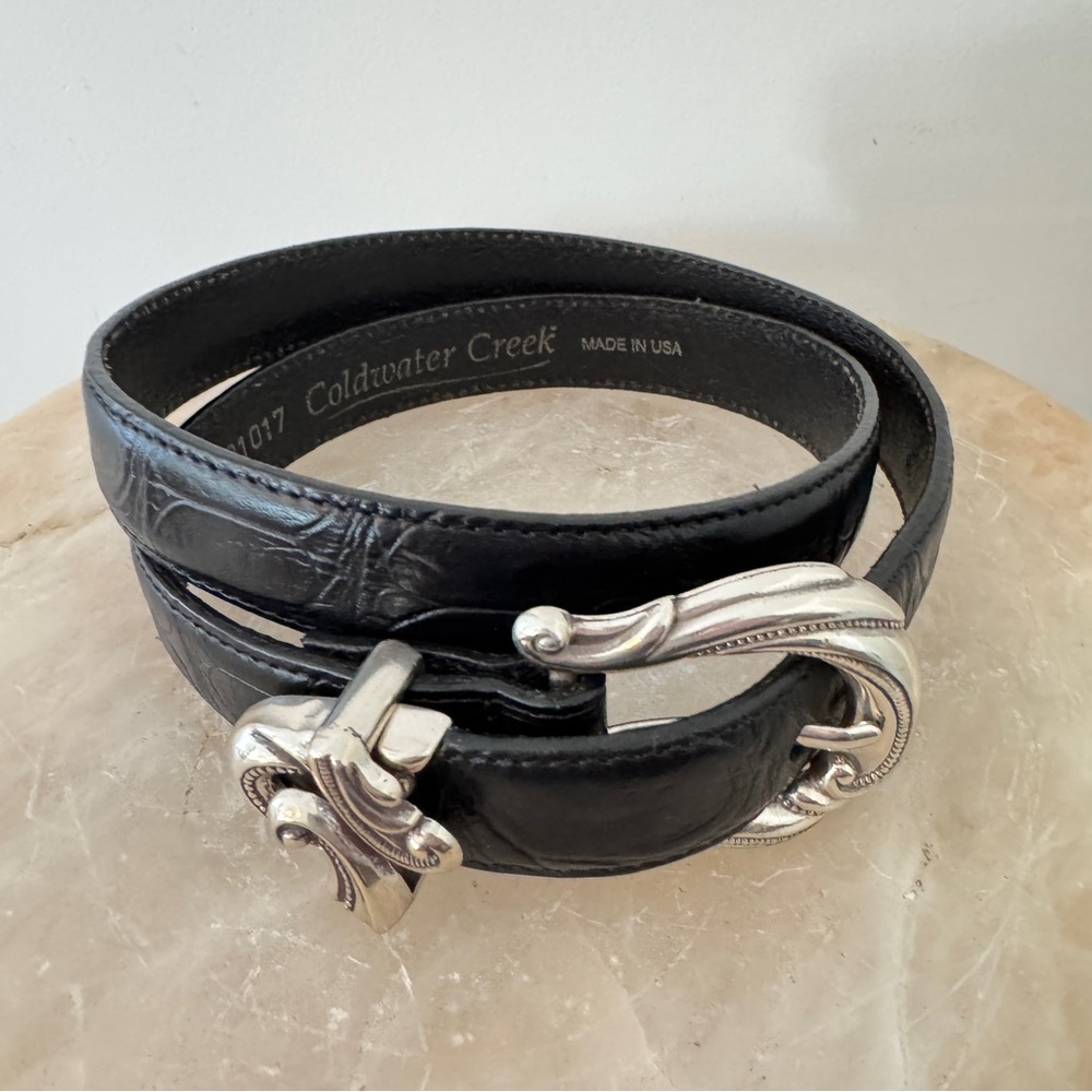 M Coldwater Creek Black Leather Faux Croc Belt Silver Brighton Style Buckle